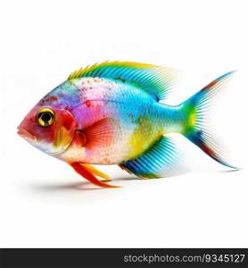 Beautiful colorful fish, isolated on white background. Ocean inhabitant, marine life. Undersea creature. Rainbow colors. Generative AI. Beautiful colorful fish, isolated on white background. Ocean inhabitant, marine life. Undersea creature. Rainbow colors. Generative AI.
