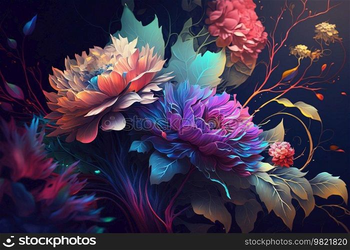 Beautiful Colorful Floral Background with Bright Flowers. AI generated Illustration.
