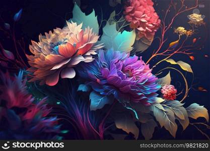 Beautiful Colorful Floral Background with Bright Flowers. AI generated Illustration.