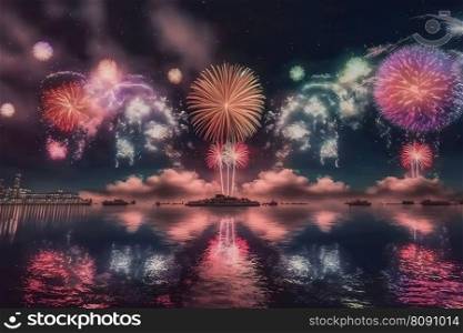 Beautiful colorful holiday fireworks in the evening sky with majestic clouds, long exposure. Neural network AI generated art. Beautiful colorful holiday fireworks in the evening sky with majestic clouds, long exposure. Neural network AI generated