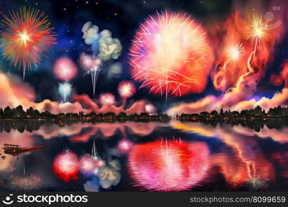 Beautiful colorful holiday fireworks in the evening sky with majestic clouds, long exposure. Neural network AI generated art. Beautiful colorful holiday fireworks in the evening sky with majestic clouds, long exposure. Neural network AI generated