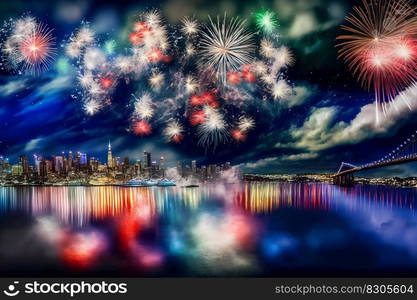 Beautiful colorful holiday fireworks in the evening sky with majestic clouds, long exposure. Neural network AI generated art. Beautiful colorful holiday fireworks in the evening sky with majestic clouds, long exposure. Neural network AI generated