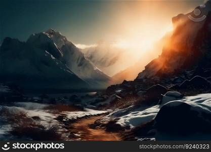 Beautiful colorful sunset over the snowy mountain range and pine tree forest. Nature landscape. Dramatic overcast sky with orange clouds. Neural network AI generated art. Beautiful colorful sunset over the snowy mountain range and pine tree forest. Nature landscape. Dramatic overcast sky with orange clouds. Neural network AI generated