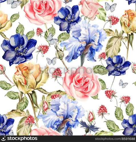 Beautiful colorful watercolor pattern with flowers iris, anemones, roses and raspberries. Illustrations. Beautiful colorful watercolor pattern with flowers iris, anemones, roses and raspberries.