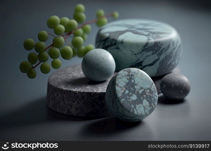 Beautiful composition with spa stones on grey marble table. Illustration Generative AI 