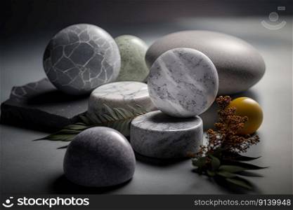 Beautiful composition with spa stones on grey marble table. Illustration Generative AI 