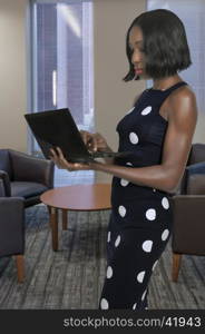 Beautiful computer savvy young black woman using a laptop . Sunset over a Lake