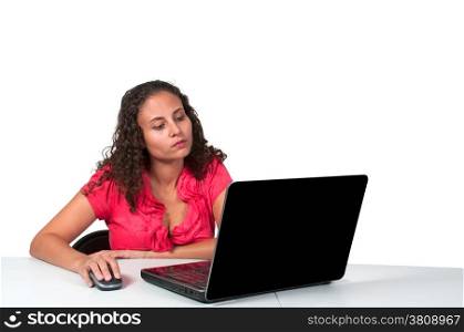 Beautiful computer savvy young woman using a laptop . Sunset over a Lake