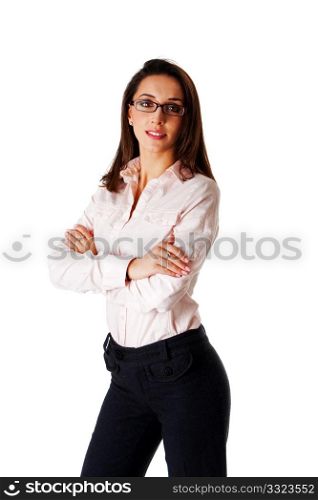Beautiful confident successful Caucasian Hispanic entrepreneur business woman standing, wearing dark blue pants, pink shirt and glasses, with armns crossed, isolated.