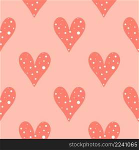Beautiful coral seamless pattern with hearts vector illustration. Hearts with white dots background. Template for fabric, packaging, paper and design. Beautiful coral seamless pattern with hearts vector illustration
