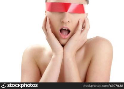 Beautiful cosmetic woman clean portrait, with red tape in eyes