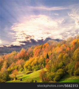 Beautiful country autumnal landscape in Carpathian mountains