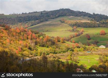 Beautiful country autumnal landscape in mountains. Road throw the Carpathian mountains
