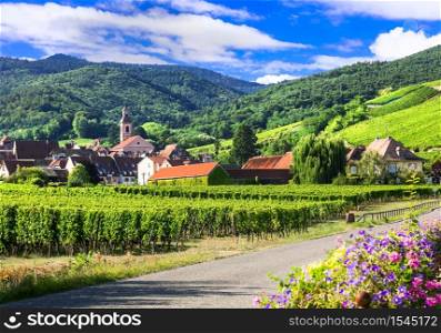 "Beautiful countryside of Alsace region- famous "vine route" in France. Husseren les chateaux village. Picturesque countryside of Alsace - wine region of France"