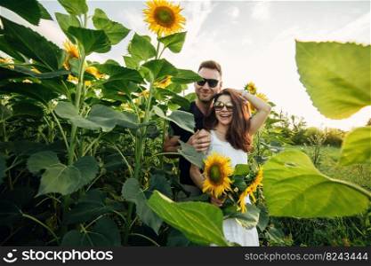 Beautiful couple in sunglases having fun in sunflowers field. A man and a woman in love walk in a field with sunflowers, a man hugs a woman. selective focus.. Beautiful couple in sunglases having fun in sunflowers field. A man and a woman in love walk in a field with sunflowers, a man hugs a woman. selective focus