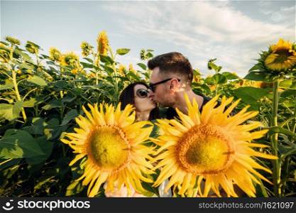 Beautiful couple is kissing in sunflowers field at sunset. A man and a woman in love walk in a field with sunflowers, a man hugs a woman. selective focus.. Beautiful couple is kissing in sunflowers field at sunset. A man and a woman in love walk in a field with sunflowers, a man hugs a woman. selective focus