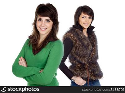 Beautiful couple of young woman on a over a white background