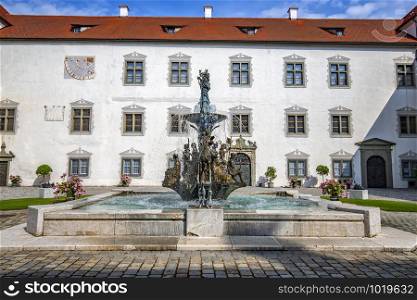 Beautiful courtyard with a fountain of Zeil Castle near Leutkirch, Germany