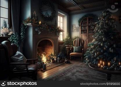 Beautiful cozy Christmas interior with a fireplace. Neural network AI generated art. Beautiful cozy Christmas interior with a fireplace. Neural network AI generated