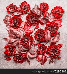 Beautiful creative red autumn flowers and leaves layout composing. Floral fall pattern , flat lay, top view