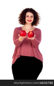 Beautiful curvy girl holding two red apples isolated on a white background