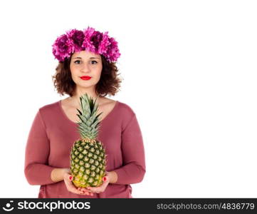 Beautiful curvy girl with a flowered headdress holding and pineapple isolated on a white background