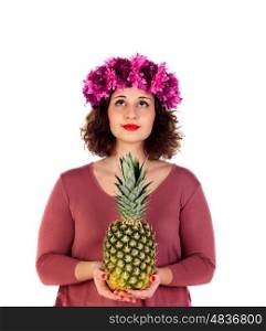 Beautiful curvy girl with a flowered headdress holding and pineapple isolated on a white background