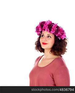 Beautiful curvy girl with a flowered headdress isolated on a white background