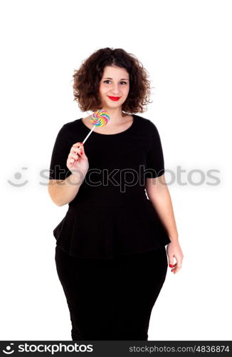 Beautiful curvy girl with a lollipop isolated on a white bacground