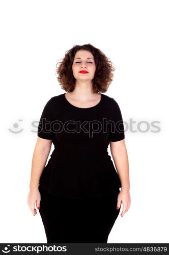 Beautiful curvy girl with black dress and red lips closing her eyes isolated on a white background