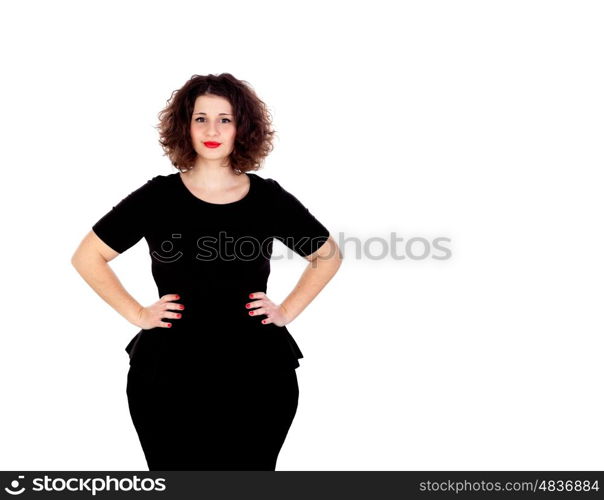 Beautiful curvy girl with black dress and red lips isolated on a white background