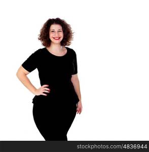 Beautiful curvy girl with black dress and red lips isolated on a white background