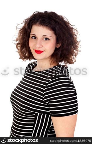 Beautiful curvy girl with black dress and red lips isolated on a white background