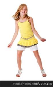 Beautiful cute blond girl having fun dancing fashion dressed in layered yellow shirt, white shorts and belt, isolated.