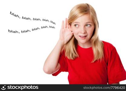 Beautiful cute blond teenage girl with hand directing ear listening hearing words. Concept what kids hear. Isolated.