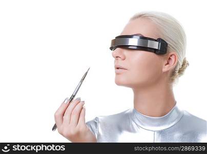 beautiful cyber woman applying lipstick using lip concealer brush