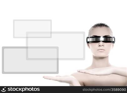 Beautiful cyber woman isolated on white background
