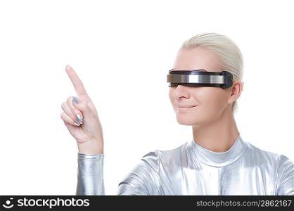 Beautiful cyber woman pointing at something