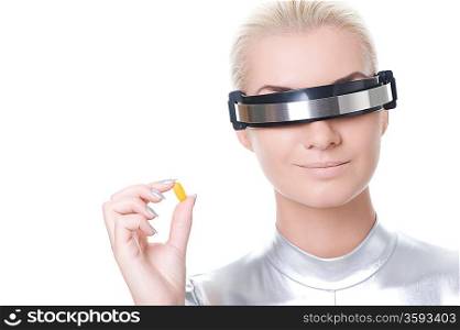 Beautiful cyber woman with a pill