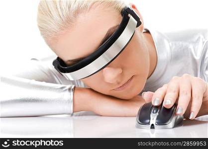 Beautiful cyber woman with computer mouse isolated on white background