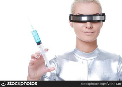 Beautiful cyber woman with syringe
