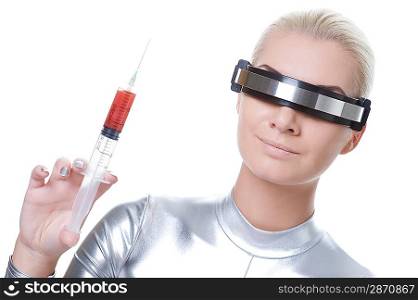 Beautiful cyber woman with syringe