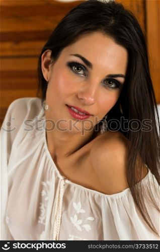 Beautiful Czech brunette in a sheer blouse