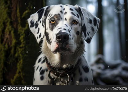 Beautiful Dalmatian dog in a snowy forest. Generative AI