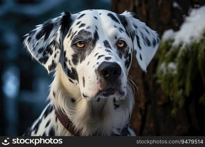 Beautiful Dalmatian dog in a snowy forest. Generative AI