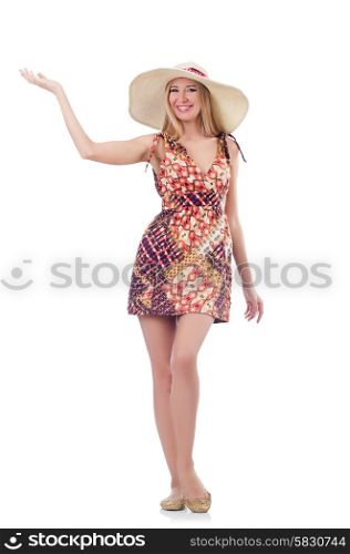 Beautiful dancing woman in summer dress handing hands isolated on white
