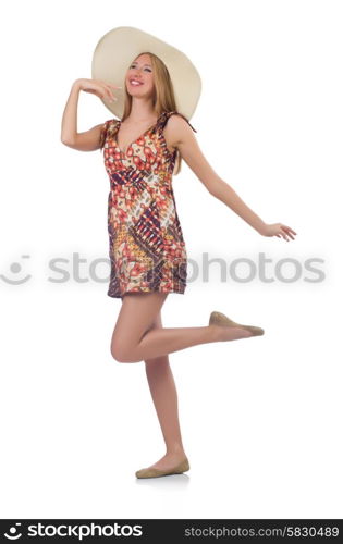 Beautiful dancing woman in summer dress isolated on white