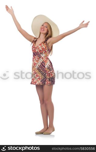 Beautiful dancing woman in summer dress isolated on white