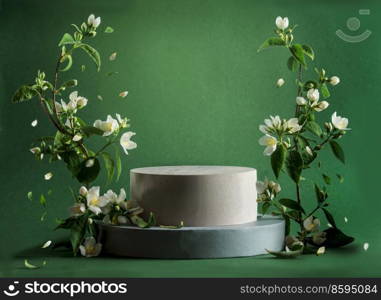 Beautiful dark green background with white and grey product podium with jasmine flowers.   Modern display scene stage for product placement. Floral showcase. Front view with copy space.