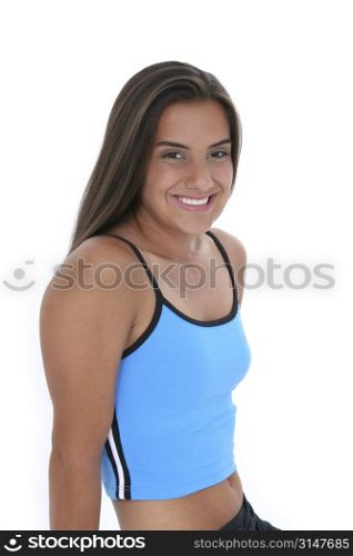 Beautiful dark haired tan teen girl in workout clothes over white.
